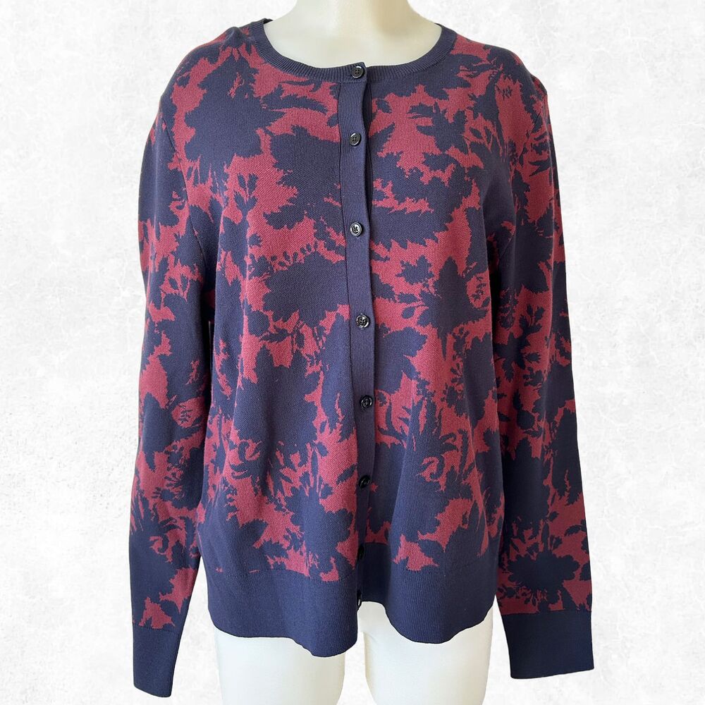 Ann Taylor Floral Cardigan Sweater Women's XL Black/Rust Knit Round Neck